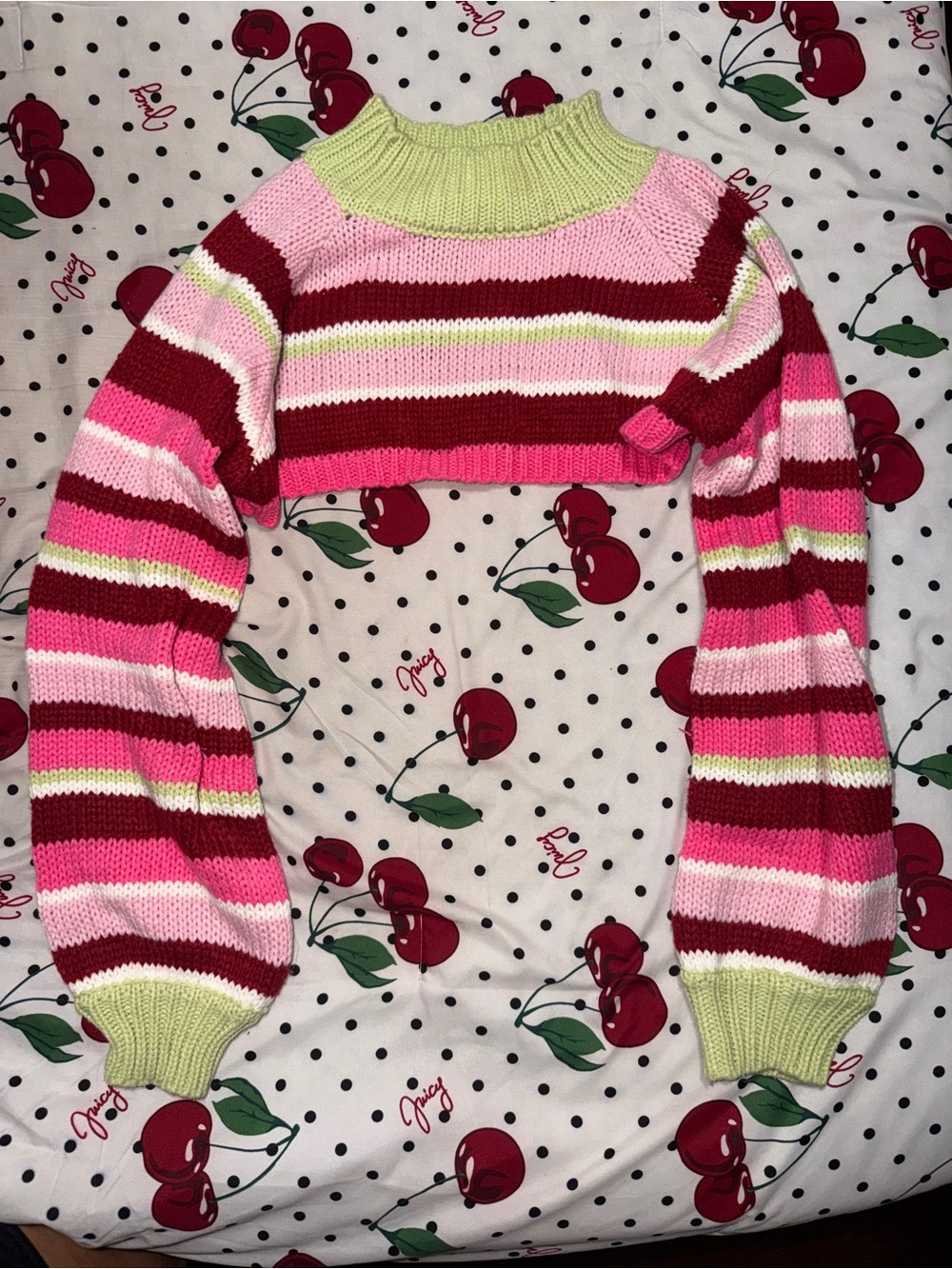 Striped Cropped Balloon-Sleeve Sweater - Pink/Red/Green